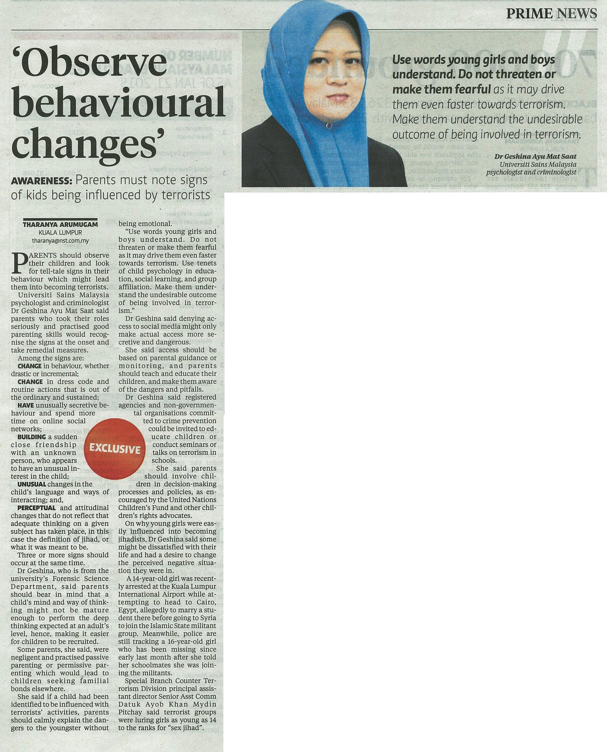 2 Mac 2015 Observe behavioural changes NST
